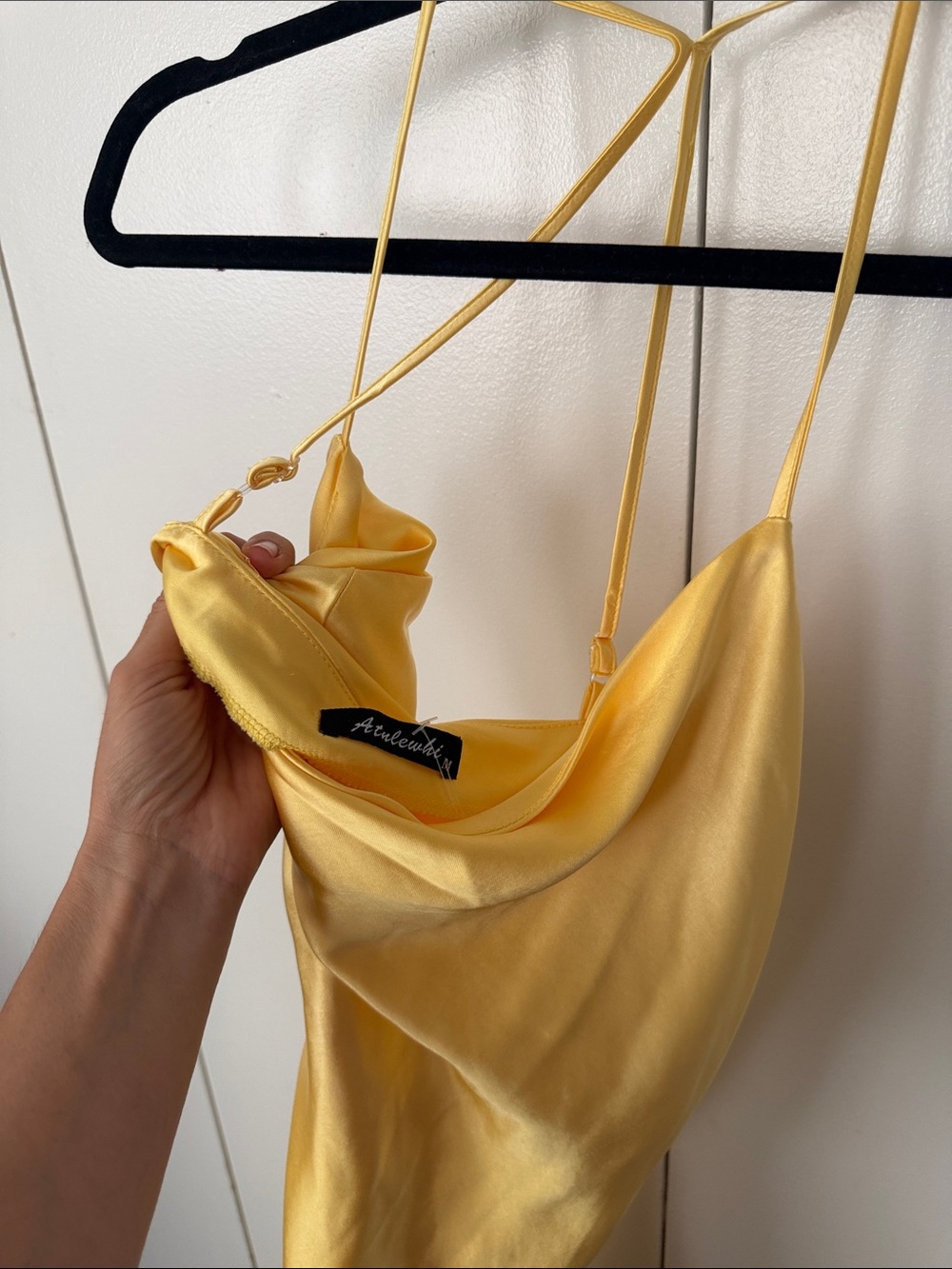 Satin Cowl Neck Slip Dress in Soft Yellow - Picture 4 of 5